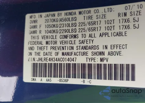 2010 Honda Cr-V Lx from USA, damaged, VIN JHLRE4H34AC014047